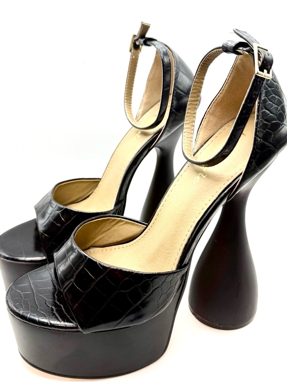 Like new Lemonade Sculpted Croc-Embossed Platform Heels with Ankle Strap